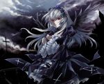  black_wings cloud clouds dark dress hairband highres mtyy red_eyes rozen_maiden silver_hair solo suigintou wings 