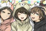  1girl 2boys ahoge animal_costume bangs bear_costume blush brother_and_sister brown_hair dangan_ronpa dangan_ronpa_1 green_eyes highres hinata_hajime hoodie imo_(kong) monokuma monokuma_(cosplay) monomi_(dangan_ronpa) monomi_(dangan_ronpa)_(cosplay) multiple_boys naegi_komaru naegi_makoto one_eye_closed siblings smile super_dangan_ronpa_2 swept_bangs zettai_zetsubou_shoujo 