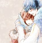  1girl blue_hair brown_hair couple fingerless_gloves gloves headphones highres hug kaito meiko scarf vocaloid winter 