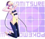  bandeau baruterome blonde_hair blue_eyes breasts cable gym_leader halterneck headphones high_heels kamitsure_(pokemon) kneeling leggings midriff navel pantyhose pokemon pokemon_(game) pokemon_black_and_white pokemon_bw shoes short_hair skin_tight solo tubetop 