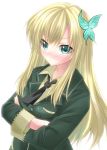  blonde_hair boku_wa_tomodachi_ga_sukunai breast_hold breasts butterfly crossed_arms green_eyes hair_ornament kashiwazaki_sena large_breasts long_hair mimoton school_uniform solo 