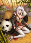  bamboo_forest blue_eyes breasts cleavage forest hat kaizeru legs magatama nature no_bra original panda sitting smile solo thigh-highs thighhighs white_hair white_legwear white_thighhighs 
