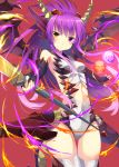  1girl abusoru armor bare_shoulders black_gloves blush cowboy_shot darkness dragon_girl dragon_horns dragon_tail dragon_wings elbow_gloves fingerless_gloves fire gloves hair_ornament head_fins heterochromia highres holding horns leotard long_hair polearm purple_hair puzzle_&amp;_dragons solo sonia_(p&amp;d) tail thigh-highs thigh_gap violet_eyes weapon wings yellow_eyes 