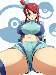  breasts fuuro_(pokemon) gym_leader hair_ornament large_breasts legs midriff navel pokemon pokemon_(game) pokemon_black_and_white pokemon_bw red_hair redhead shorts thick_thighs thighs torathi 