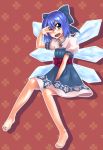  \m/ barefoot blue_eyes bow cirno feet hair_bow jewelry nail_polish necklace pendant smile solo toe_ring toenails touhou wings wink zeku_(pixiv) 