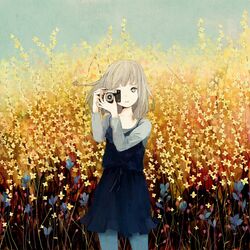  camera dress empty_eyes flower original outdoors short_hair smena solo yuuko_(nora0x0) 