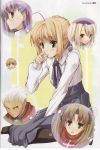  archer blonde_hair bubble fate/stay_night fate_(series) fujimura_taiga green_eyes hair_ribbon highres illyasviel_von_einzbern matou_sakura pantyhose ribbon saber toosaka_rin 