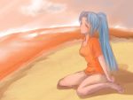  barefoot beach blue_eyes blue_hair highres long_hair ootalia ponytail suzumiya_haruhi_no_yuuutsu t-shirt 