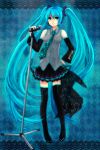  aqua_eyes aqua_hair detached_sleeves hand_on_hip hatsune_miku headset highres long_hair microphone microphone_stand necktie oblivious7 skirt solo thigh-highs thighhighs twintails very_long_hair vocaloid 