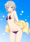  1girl anastasia_(idolmaster) bikini blue_bikini blue_eyes blush breasts earrings highres idolmaster idolmaster_cinderella_girls jewelry kanna_kanaki looking_at_viewer navel open_mouth short_hair silver_hair simple_background smile solo swimsuit 