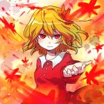  beckon blonde_hair foreshortening hair_ornament leaf looking_at_viewer lowres maple_leaf outstretched_hand parmesan_(168n) red_eyes short_hair touhou 