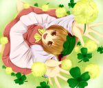  arms_above_head arms_up brown_eyes brown_hair cat_ears chen clover dress four-leaf_clover from_above happy hat kneeling looking_up open_mouth outstretched_arms rikkunia smile touhou 