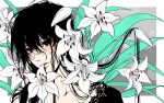  flat_color flower kayu lily_(flower) messy_hair mouth_hold original red_eyes solo 