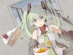  cake detached_sleeves food green_hair hatsune_miku long_hair mieharu necktie open_mouth pastry solo spill twintails very_long_hair vocaloid window 