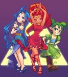  arms_up blue_eyes blue_hair bracelet choker dark_skin din double_bun farore green_eyes green_hair grin hands_on_hips jewelry long_hair lumi-mae nayru nintendo oracle_of_ages oracle_of_seasons pantyhose pointy_ears ponytail red_eyes red_hair redhead sandals signature smile steepled_fingers the_legend_of_zelda tiara triforce 