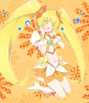  ayamoto blonde_hair boots cure_sunshine floral_background hair_ribbon heartcatch_precure! magical_girl midriff myoudouin_itsuki orange_(color) orange_background orange_dress precure ribbon solo twintails yellow_eyes 
