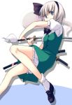  blue_eyes bow ghost hair_bow hairband katana konpaku_youmu konpaku_youmu_(ghost) myon sheath short_hair silver_hair sword touhou weapon 