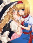  alice_margatroid bad_id blonde_hair blue_eyes blush finger_in_mouth hat hat_ribbon kakokou kirisame_marisa long_hair multiple_girls nail_polish ribbon short_hair tottoto_tomekichi touhou witch_hat wrist_grab yellow_eyes yuri 