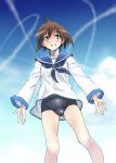  as-special brown_hair cloud clouds condensation_trail contrail grin highres miyafuji_yoshika satou_atsuki school_uniform serafuku short_hair sky smile solo strike_witches swimsuit swimsuit_under_clothes 