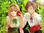  1girl axis_powers_hetalia basket belgium_(hetalia) blonde_hair bow brown_hair closed_eyes couple dress green_eyes hairband male oosugimichiko ribbon short_hair smile spain_(hetalia) tomato 