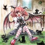  ahoge alternate_hairstyle bat bat_wings bell black_cat cat fang happy head_wings jingle_bell koakuma lowres nanashii_(soregasisan) oekaki open_mouth pink_eyes pink_hair short_hair sitting smile striped striped_legwear striped_thighhighs thigh-highs thighhighs too_many_cats touhou window wings wink 