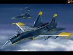  ace_combat_04 airplane cloud commentary emblem flying jet kcme letterboxed missile pilot sky su-37 weapon yellow_13 yellow_4 