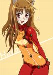   animal_ears brown_hair fang holo long_hair neon_genesis_evangelion photoshop plugsuit rebuild_of_evangelion red_eyes smile solo spice_and_wolf test_plugsuit wolf_ears  