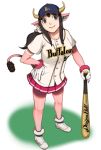  1girl animal_ears baseball_bat baseball_cap buffalo_bell buffalo_bell_(cosplay) chichi clothes_writing dragon_ball engrish gloves harumaki hat horns nippon_professional_baseball orix_buffaloes pleated_skirt ranguage simple_background skirt smile solo standing tail white_background 