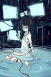  barefoot black_eyes brown_hair cable chemise hair_ornament iwakura_lain lowres monitor ripples satori_(transient_wind) serial_experiments_lain short_hair sitting wariza water wire 