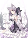  back bare_back bow cat_ears cat_tail detached_sleeves dress flower frills hair_bow hair_ornament hair_ribbon kneeling lily_of_the_valley long_hair original purple_eyes purple_hair purple_rose ribbon rose satomi sitting solo tail twintails violet_eyes wariza 