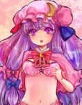  amerin bad_id bra capelet character_name crescent crescent_moon hat highres lingerie long_hair midriff navel open_mouth patchouli_knowledge purple_eyes purple_hair ribbon smile solo touhou underwear violet_eyes 