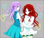  blue_eyes inazuma_eleven kudou_fuyuka long_sleeves multiple_girls purple_hair raimon_natsumi red_eyes red_hair redhead scarf school_uniform shorts 
