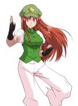  1girl braid fighting_stance fingerless_gloves gloves hat highres hong_meiling iwatobi_hiro long_hair red_eyes redhead simple_background smile solo star touhou twin_braids white_background 