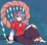 anklet arm_support bad_id barefoot blue_hair breasts chirosuke feet hair_ornament jewelry large_breasts leaf mirror on_floor red_eyes rope shide shimenawa sitting skirt smile solo touhou yasaka_kanako