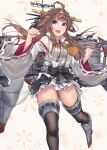  1girl ahoge bad_anatomy bad_perspective black_legwear black_skirt blush brown_hair clenched_hands detached_sleeves double_bun eyebrows_visible_through_hair headgear highres japanese_clothes kantai_collection kongou_(kancolle) long_hair long_sleeves machinery nontraditional_miko open_mouth pleated_skirt remodel_(kantai_collection) ribbon-trimmed_sleeves ribbon_trim rigging rudder_footwear skirt smile solo thigh-highs turret violet_eyes wide_sleeves zombie_mogura 