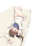  barefoot black_eyes brown_hair couch georgette_lemare hair_ribbon hair_tussle komakedara looking_at_viewer lying military military_uniform mouth_hold no_pants on_back popsicle ribbon simple_background solo strike_witches tail twintails uniform upside-down 