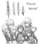  brothers comparison everyone final_fantasy final_fantasy_vii final_fantasy_vii_advent_children first_ken fusion_swords male monochrome multiple_boys number numbers personification shinzui_(fantasysky7) siblings sword twins weapon 