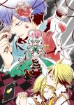  checkered_floor closed_eyes crown flower formal gun hair_ribbon handgun hatsune_miku highres hitobashira_alice_(vocaloid) holding_hands hooch kagamine_len kagamine_rin kaito meiko pink_rose ribbon rose scepter sitting striped striped_legwear striped_thighhighs sword thigh-highs thighhighs throne vocaloid weapon 