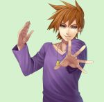  brown_eyes brown_hair collarbone fingernails green_background highres jewelry looking_at_viewer male necklace ookido_green ookido_green_(classic) open_hands outstretched_arm pixiv_manga_sample pokemon pokemon_(game) pokemon_rgby rby_(artist) reaching shikihara_mitabi short_hair simple_background smile solo spiked_hair 