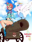  1girl cannon feathers fuuro_(pokemon) hair_ornament midriff navel pokemon pokemon_(creature) pokemon_(game) pokemon_black_and_white pokemon_bw red_hair redhead sky swanna uso_(ameuzaki) 