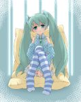  detached_sleeves green_eyes green_hair hatsune_miku leg_hug long_hair necktie sitting skirt smile striped striped_legwear striped_thighhighs thigh-highs thighhighs twintails umizono very_long_hair vocaloid 