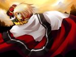  axis_powers_hetalia bad_id blonde_hair cape crown from_behind gloves green_eyes king light_smile looking_back poland_(hetalia) short_hair sky smile solo tree 