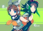  blue_eyes brown_hair english green_eyes green_hair gumi hair_ornament hairclip kagamine_rin multiple_girls neko_ni_chikyuu open_mouth short_hair vocaloid 