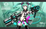  alternate_costume aqua_hair center_opening dual_wielding fingerless_gloves gia gloves hatsune_miku hatsune_miku_(append) headset highres long_hair navel necktie neon_trim pink_eyes thighhighs twintails very_long_hair vocaloid vocaloid_append wallpaper weapon 