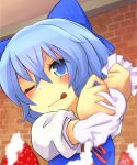  brick cirno food fruit pastry_bag strawberry tongue touhou whipped_cream wink yoo_(jqtgt) yoo_(tabi_no_shiori) 