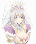  angel_wings bangs blue_eyes blush breasts bust cleavage cleavage_cutout crown curly_hair detached_collar embarrassed head_wings lace looking_at_viewer melia payot short_hair silver_hair simple_background sketch solo star surprised white_hair wings xenoblade yamada_koutarou 