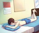  bed brown_eyes brown_hair calendar calendar_(object) dutch_angle kaja kyon male on_stomach pillow shirtless short_hair shorts suzumiya_haruhi_no_yuuutsu 