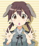  1girl animal_ears blush_stickers brown_eyes derivative_work dog_ears face gertrud_barkhorn k-on! military military_uniform open_mouth outstretched_hand parody solo strike_witches striped striped_background style_parody twintails umanosuke uniform 