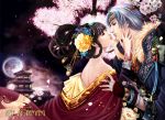  black_hair blue_dress blue_hair branches closed_eyes clouds couple cute female flower fullmoon girl gloves green_eyes hair_style hair_tie holding kissing long_hair love male moon night pink realistic red_dress ring romance romantic short_hair sky tower trees yangfan 