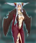  black_wings breasts cleavage dissidia_final_fantasy dress facial_markings final_fantasy final_fantasy_viii jewelry lips lipstick long_hair necklace pointy_ears silver_hair solo ultimecia wings yellow_eyes 